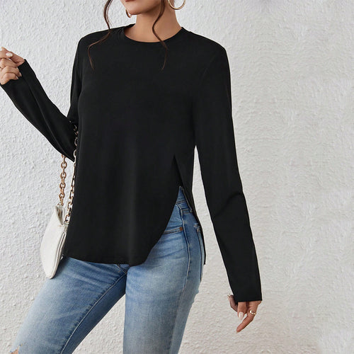 Damen Langarmshirt mit seitlichen Schlitzen, Rundhalsausschnitt und entspannter Casual-Passform Drune