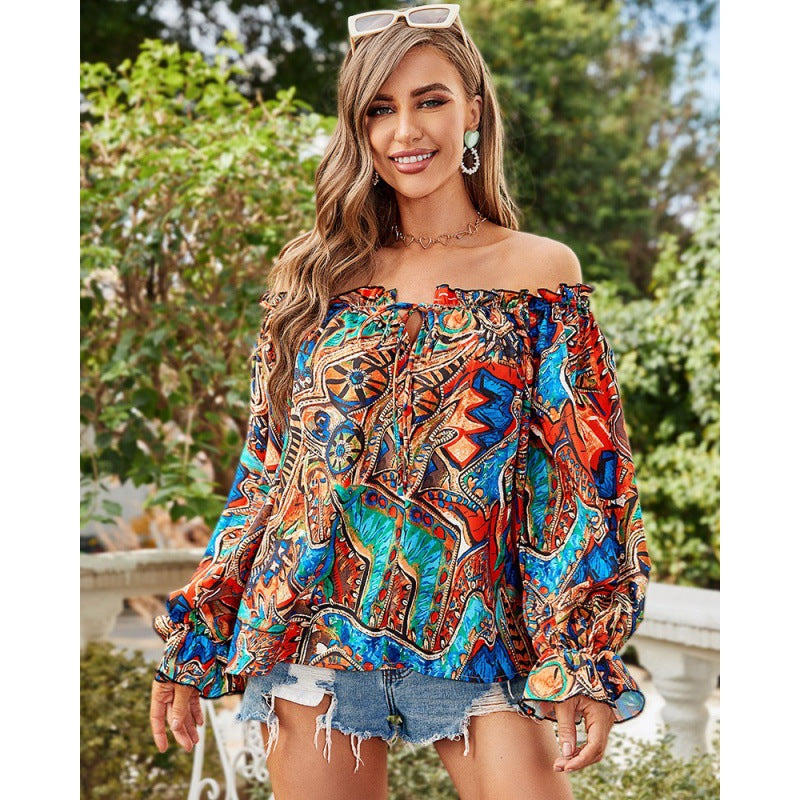 Damen Off-Shoulder Bluse mit buntem Muster und elastischem Saum Drune