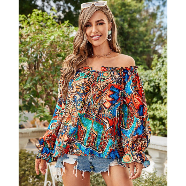 Damen Off-Shoulder Bluse mit buntem Muster und elastischem Saum Drune