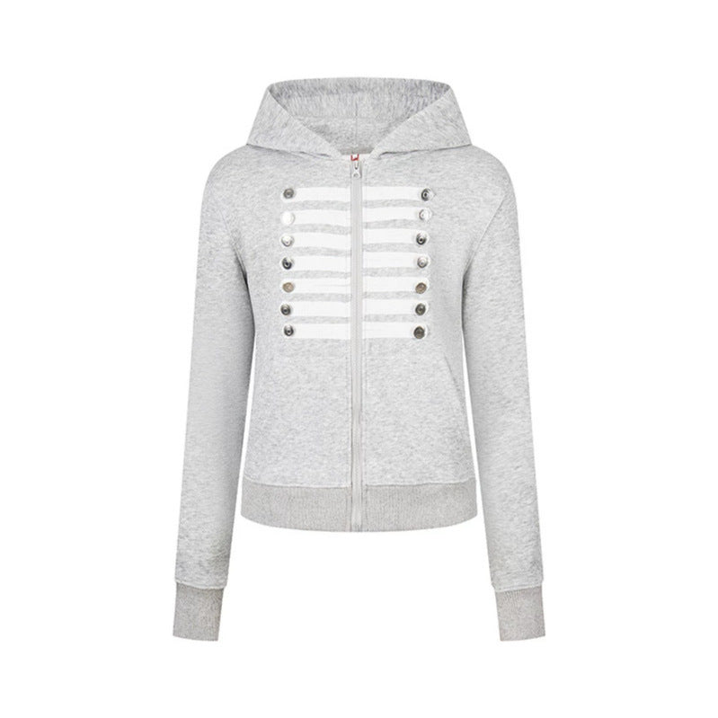 Damen Kapuzen-Sweatjacke mit dekorativer Militär‑Bortenleiste und Zierknöpfen Drune