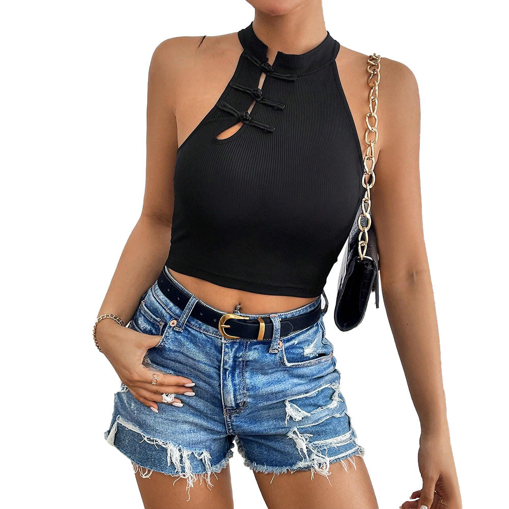 Damen elegantes Crop-Top mit praktischer Knopfleiste und hohem Kragen Drune