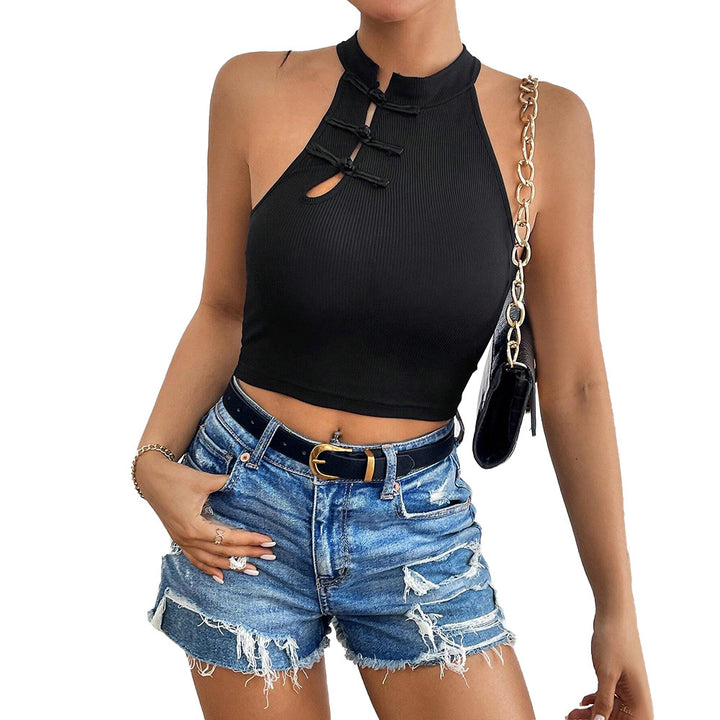 Damen elegantes Crop-Top mit praktischer Knopfleiste und hohem Kragen Drune