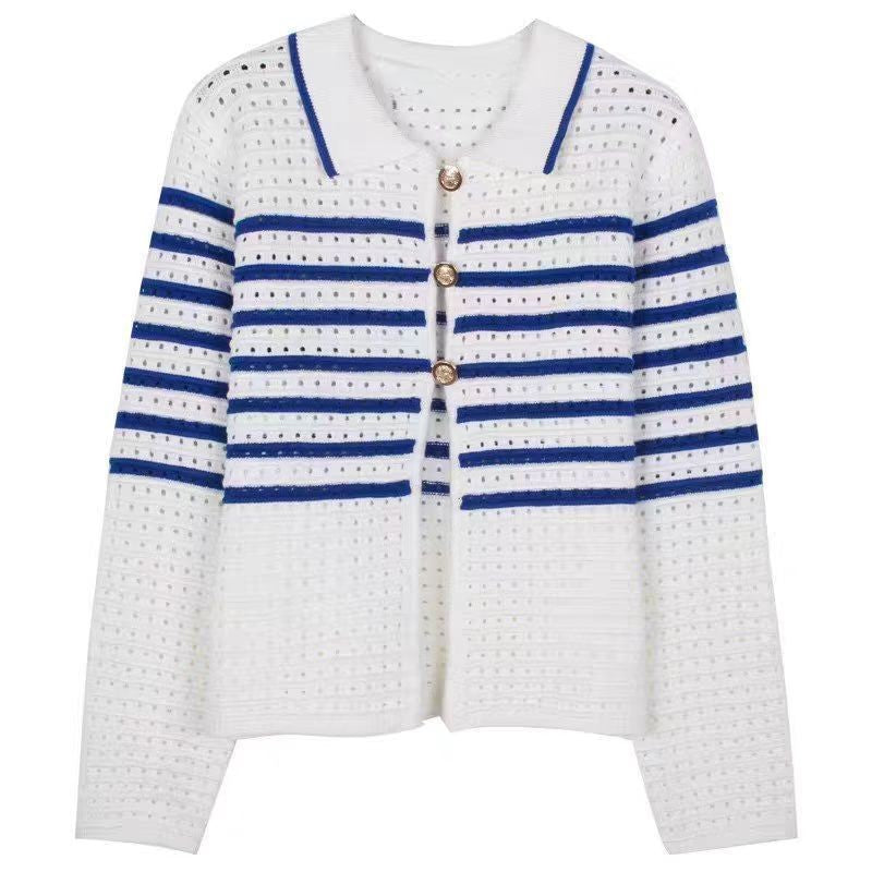 Damen Strickcardigan mit maritimem Streifenmuster und Knopfdetails Drune