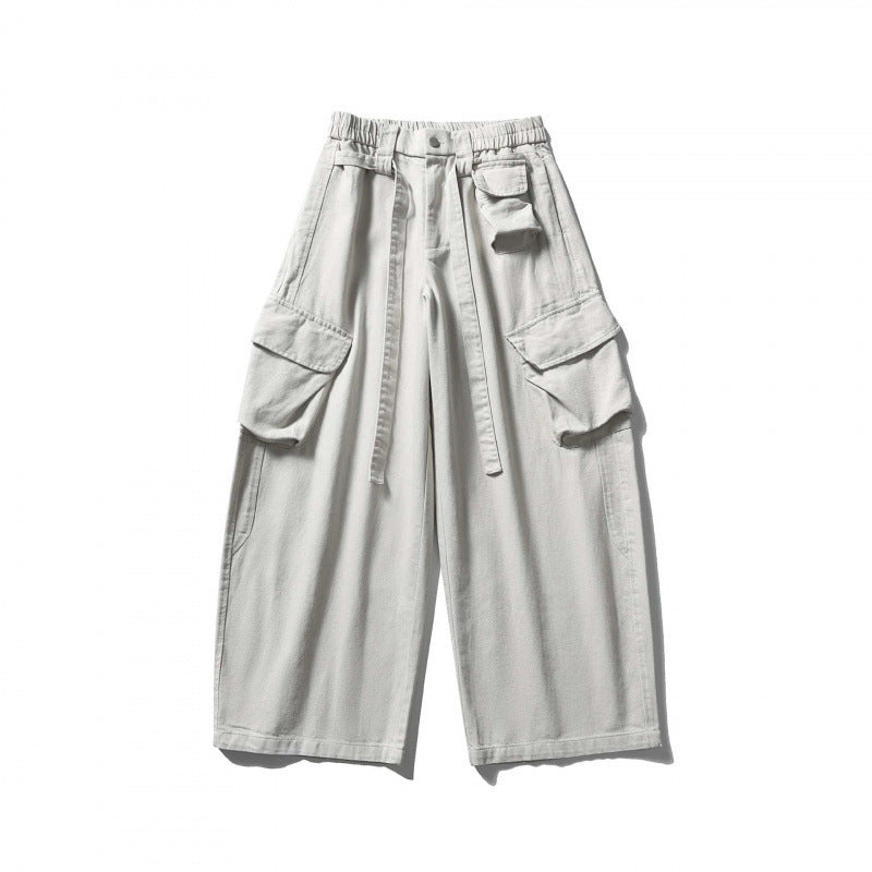 Unisex Weite Cargo-Cropped-Hose mit hohem elastischem Bund, Mehrfachtaschen und Kordelzug Drune