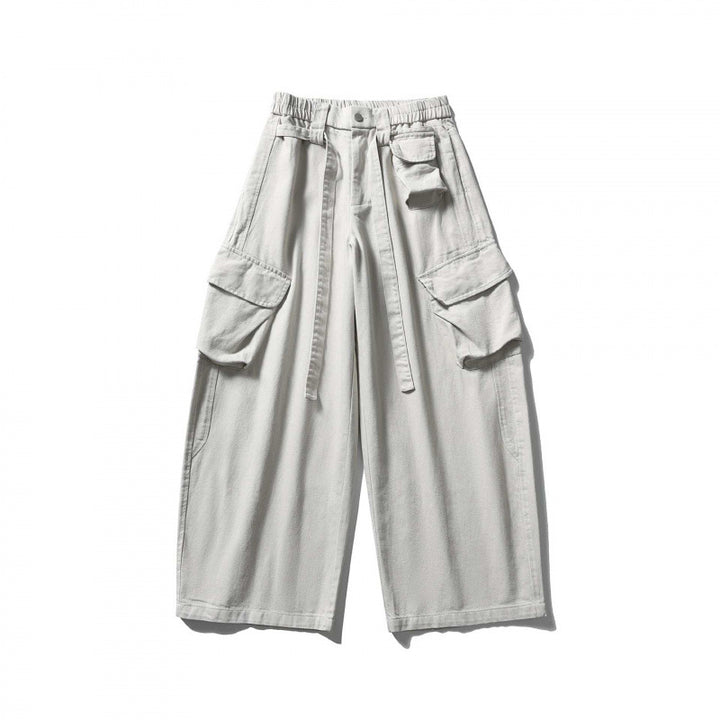 Unisex Weite Cargo-Cropped-Hose mit hohem elastischem Bund, Mehrfachtaschen und Kordelzug Drune