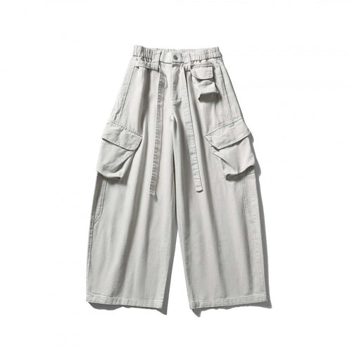 Unisex Weite Cargo-Cropped-Hose mit hohem elastischem Bund, Mehrfachtaschen und Kordelzug Drune