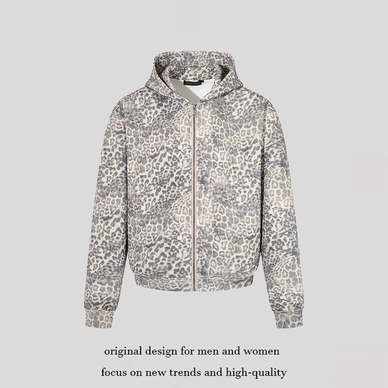 Damen Zip-Hoodie im soften Velours mit allover-Leo-Jacquard Drune