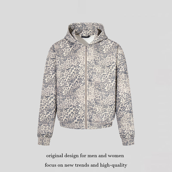 Damen Zip-Hoodie im soften Velours mit allover-Leo-Jacquard Drune