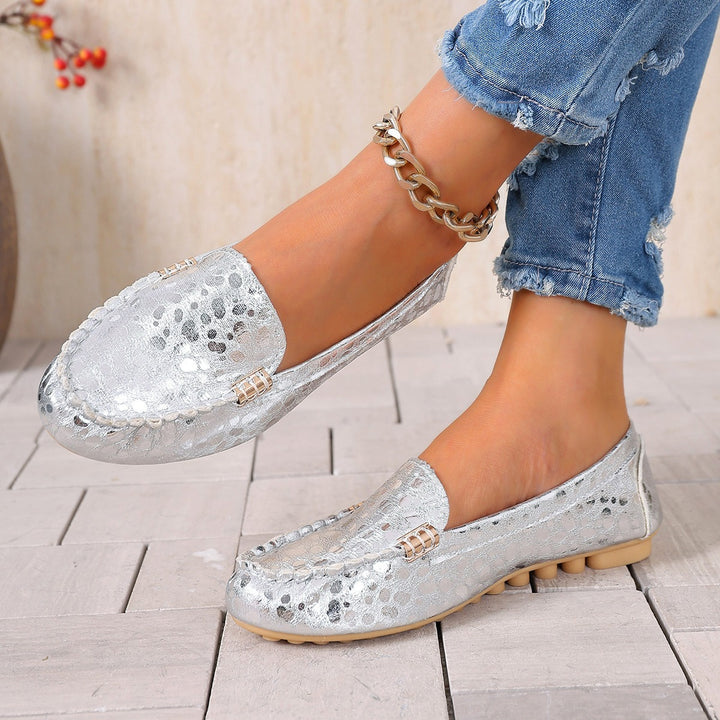 Damen Metallic Mokassin mit Noppenlaufsohle und Ziermetalldetail Drune