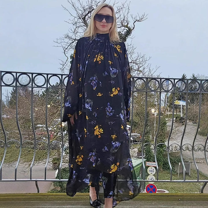 Damen Chiffon-Maxikleid mit Stehkragen, Keyhole-Ausschnitt & voluminösen Ballonärmeln Drune
