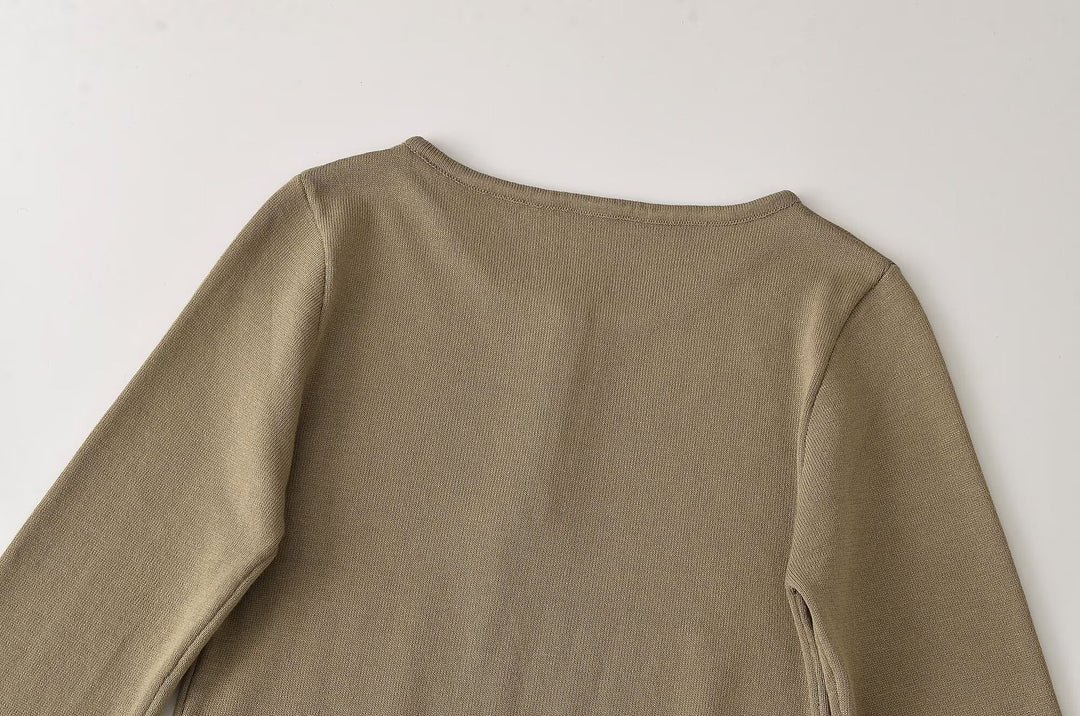 Damen Feinstrick-Longsleeve mit Henley-Knopfleiste und ausgestellten Trompetenärmeln Drune