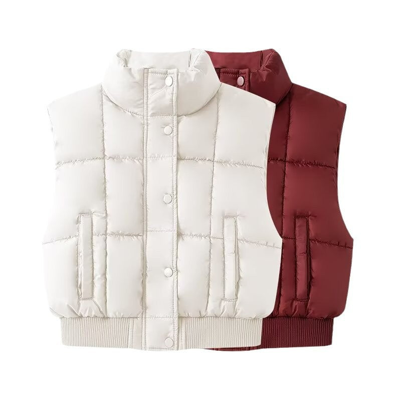 Damen Gesteppte Cropped-Pufferweste mit Stehkragen und geripptem Saum Drune