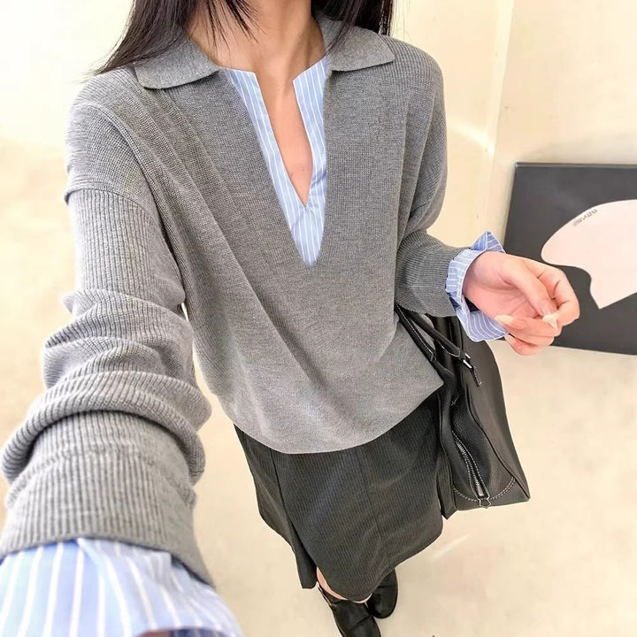 Damen Eleganter Pullover mit eingesetztem Hemdkragen Drune