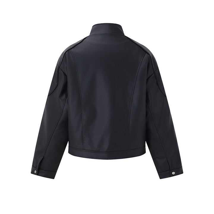 Herren Kurzboxy Mock‑Lederjacke mit geometrischer Nahtführung Drune