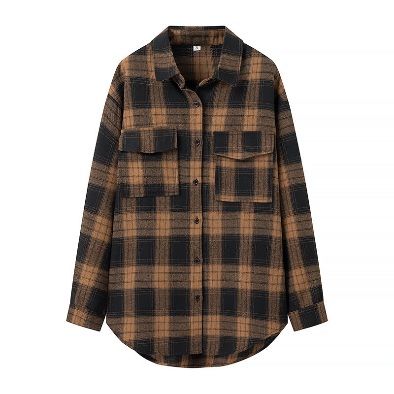 Damen Oversize‑Karo‑Hemdbluse mit aufgesetzten Brusttaschen und abgerundetem Saum Drune