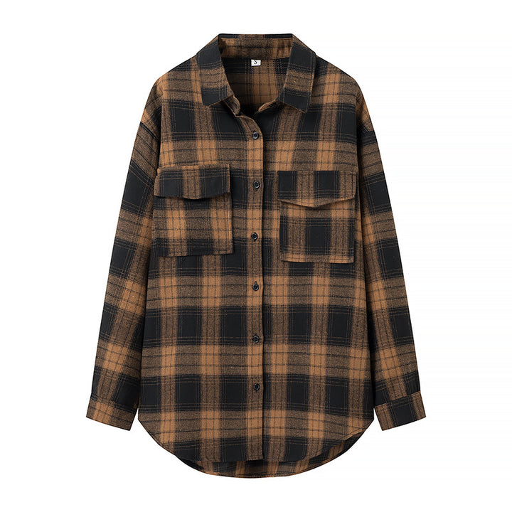 Damen Oversize‑Karo‑Hemdbluse mit aufgesetzten Brusttaschen und abgerundetem Saum Drune