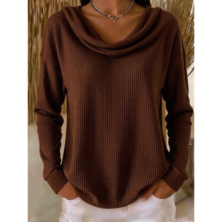 Damen Lässiger Waffelstrick-Pullover mit weitem Wasserfallkragen und gerundetem Saum Drune