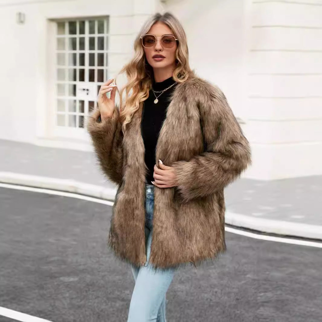 Damen Luxe Kunstfelljacke mit offenem Kragen Drune