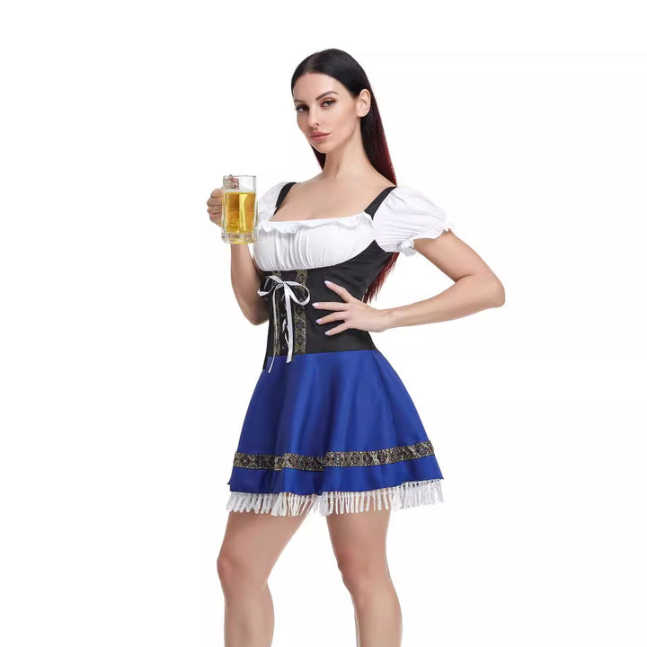 Damen  traditionelles Dirndlkleid mit Spitzenärmeln Miederkorsage und geraffter Schürze Drune