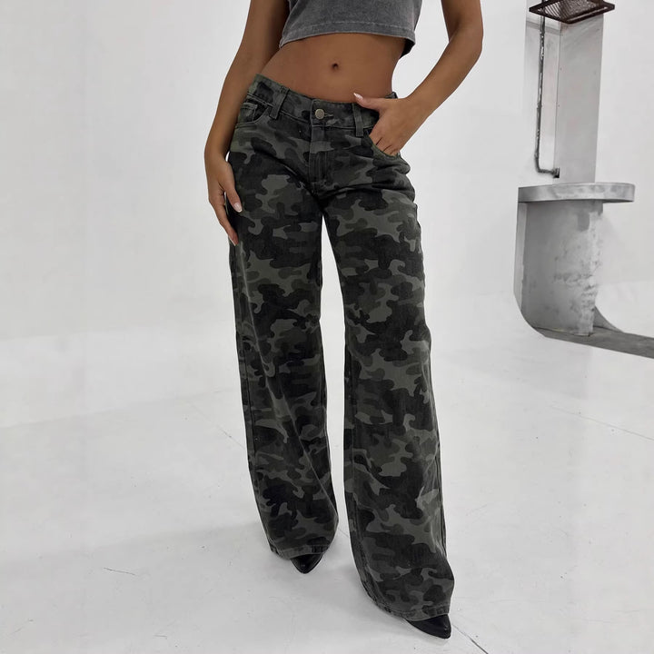 Damen Camouflage-Denim Schlaghose mit hoher Taille und weitem Bein Drune