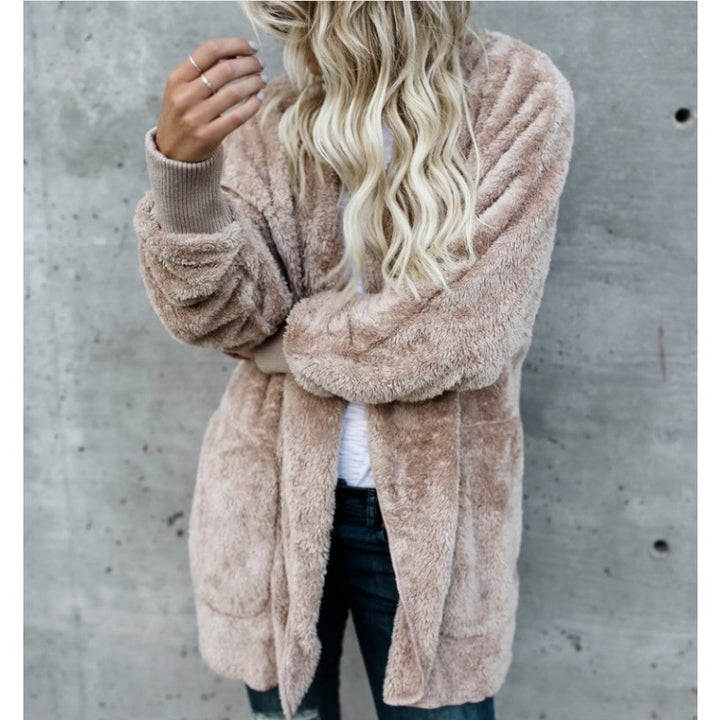 Damen Oversize Teddy‑Fleece‑Mantel mit offener Front, Eingrifftaschen und Rippbündchen Drune