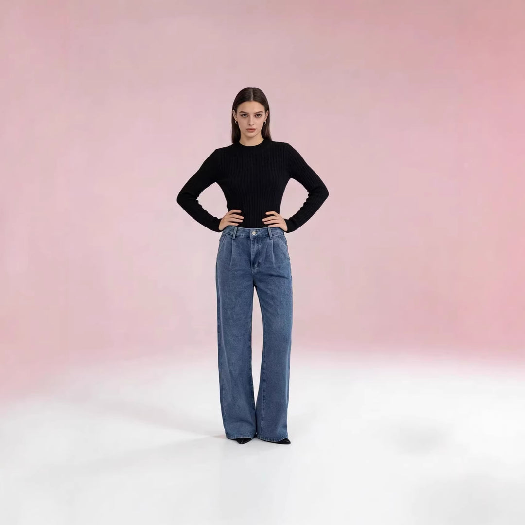 Damen hochgeschnittene weite Jeans im lässigen Stil mit eleganter Faltenlegung Drune
