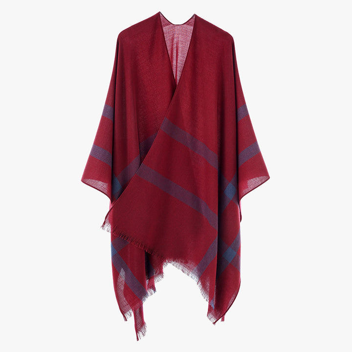Damen leichter Feinstrick-Cape mit diagonalen Kontraststreifen und Fransen Drune
