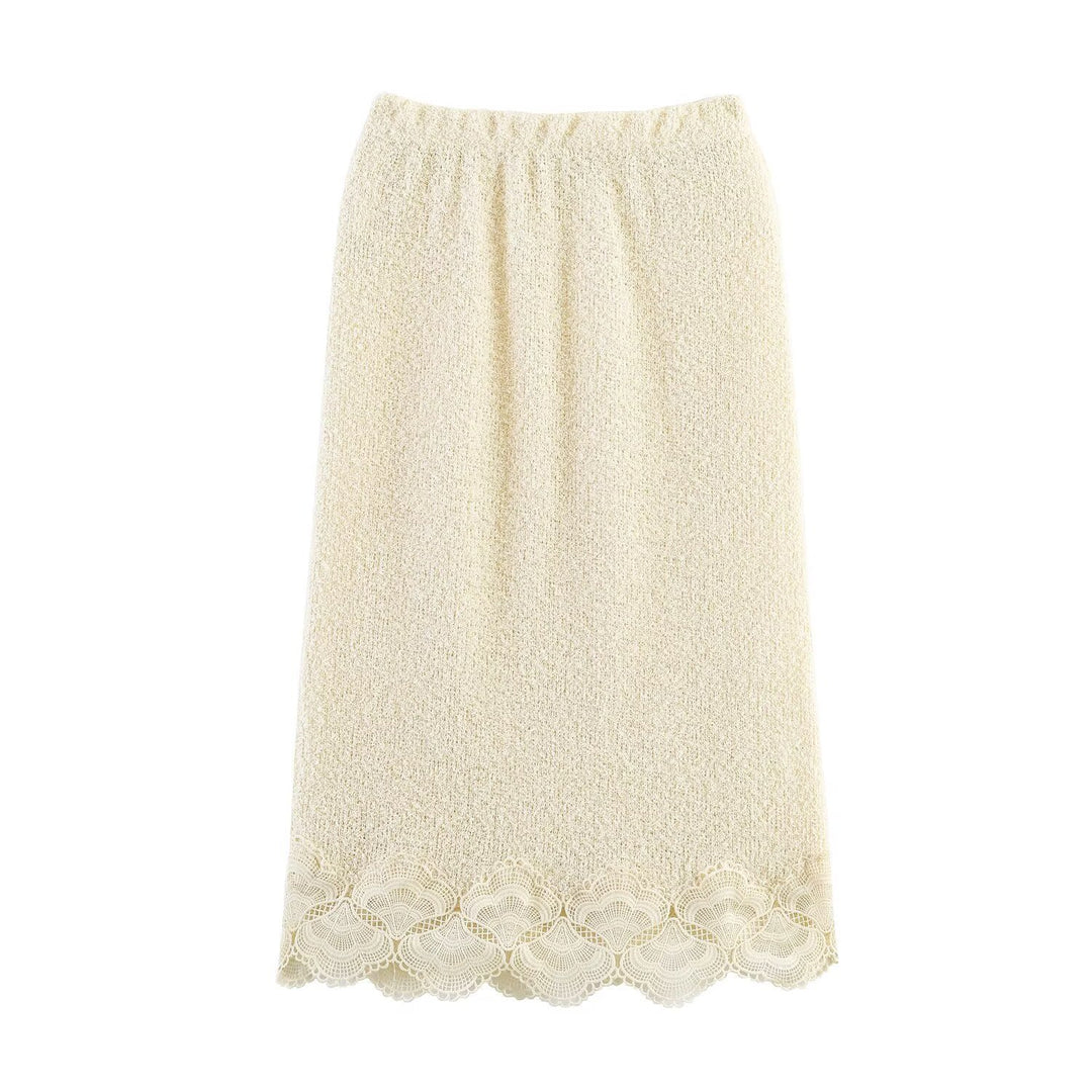 Damen Bouclé-Strickpullover mit Spitzenbesatz und gewelltem Saum Drune