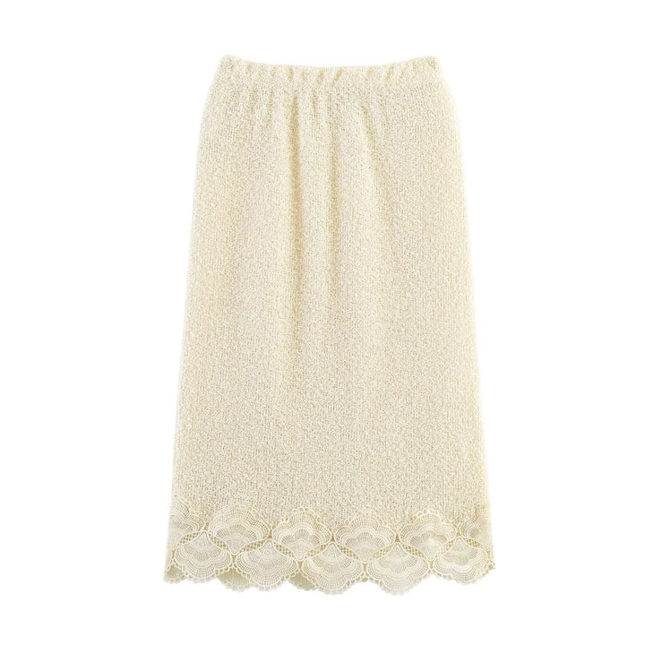 Damen Bouclé-Strickpullover mit Spitzenbesatz und gewelltem Saum Drune
