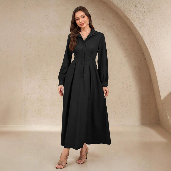 Damen Elegantes Hemdblusenkleid mit schwingendem Rock und praktischen Taschen Drune