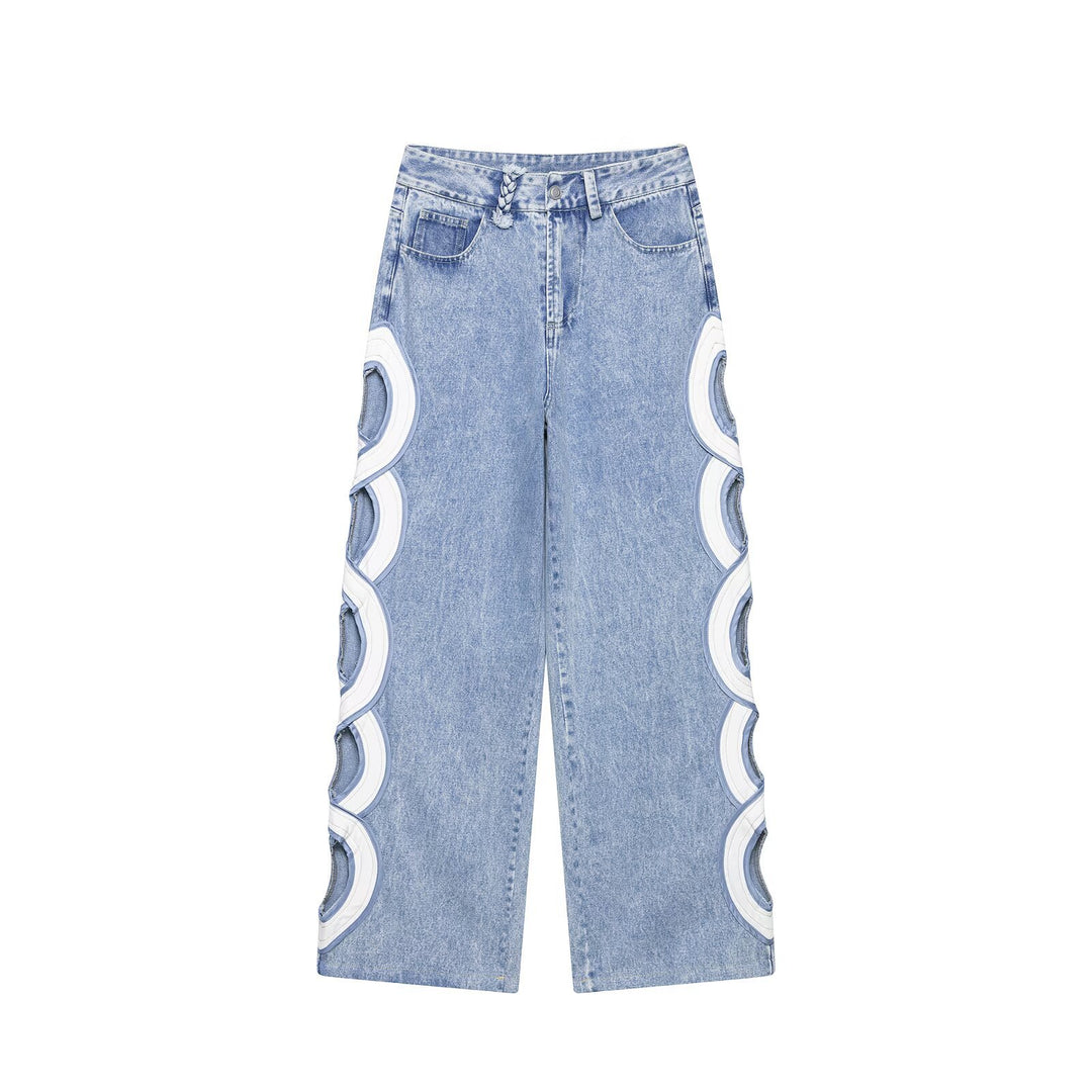 Damen High-Waist-Jeans mit ausgestellter Weitbein-Silhouette und seitlichen Kreis-Applikationen Drune