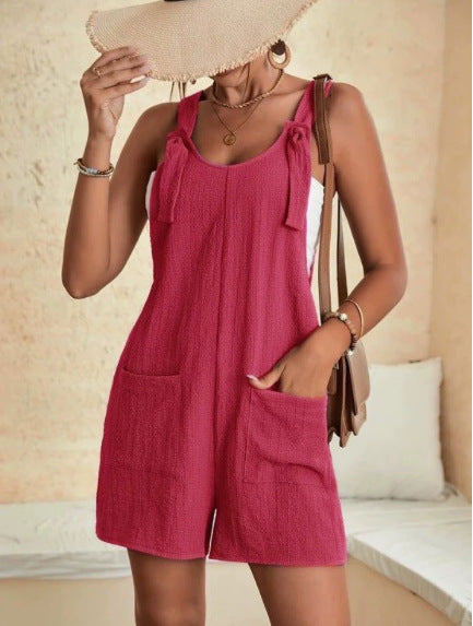 Damen Sommerlicher Latzshorts-Overall mit Knoten-Trägern und aufgesetzten Taschen Drune