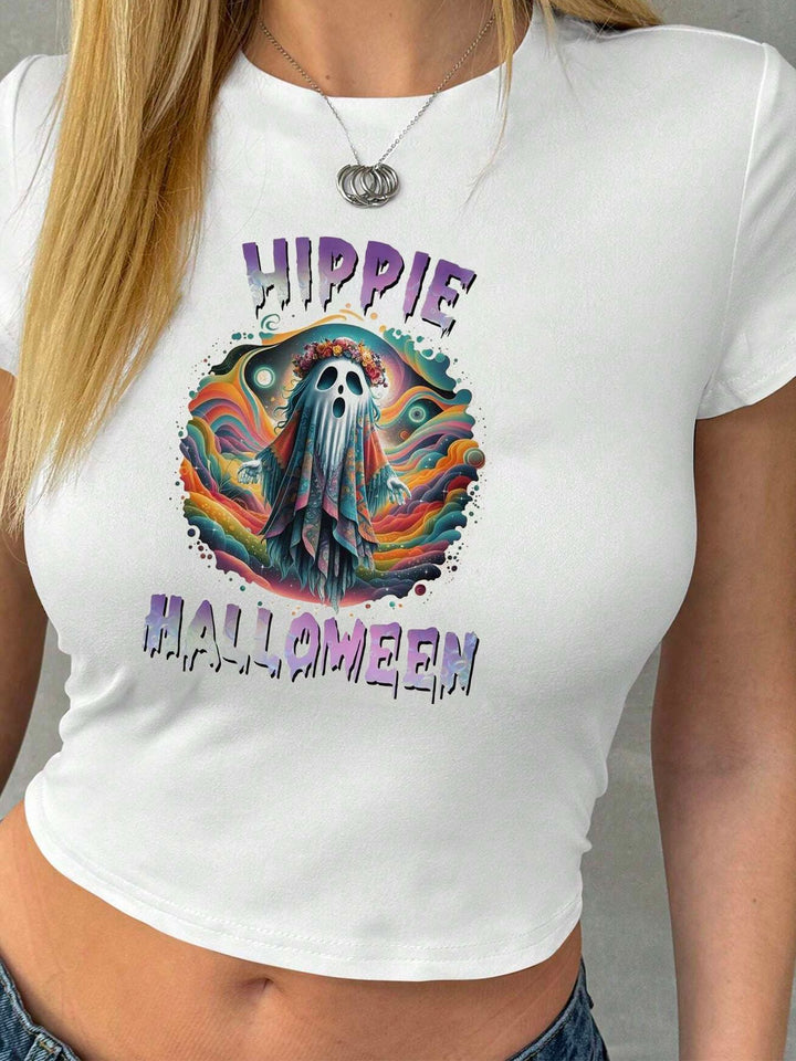 Damen Crop-T-Shirt mit kreativem Lippenmotiv und figurbetontem Schnitt Drune