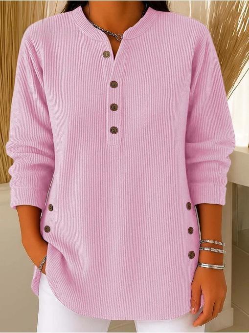 Damen nan plissee Tunika-Bluse mit Stehkragen, Knopfleiste und seitlichen Zierknöpfen Drune