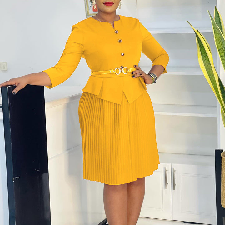 Damen Plissee Kleid mit taillierter Bluse und modischem Gürtel Drune