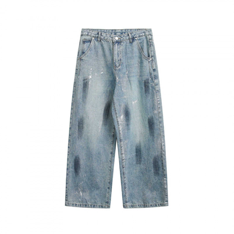 Unisex Weite Cropped-Jeans im Used-Look mit hohem Bund und Paint-Effekt Drune