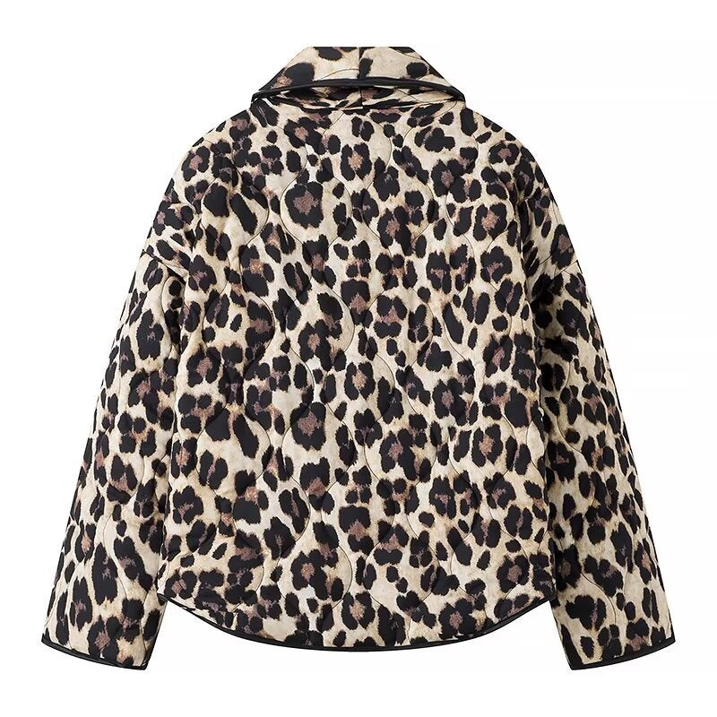 Damen nan cropped Steppjacke mit Leopardenprint, breitem Schalkragen und kontrastpaspel Drune