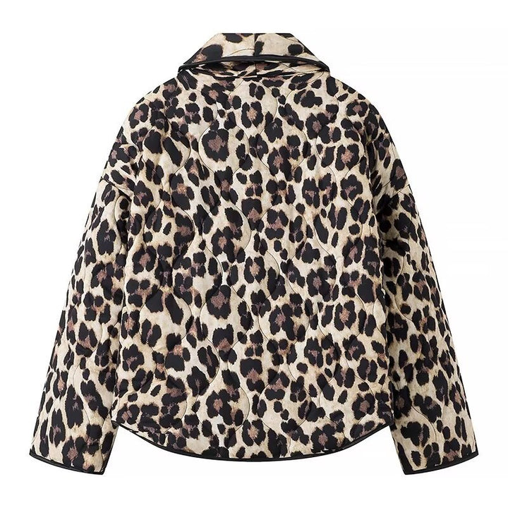 Damen nan cropped Steppjacke mit Leopardenprint, breitem Schalkragen und kontrastpaspel Drune