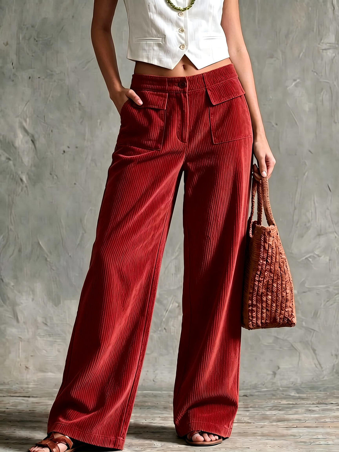 Damen Weite Cord-Palazzohose mit hoher Taille und aufgesetzten Pattentaschen Drune