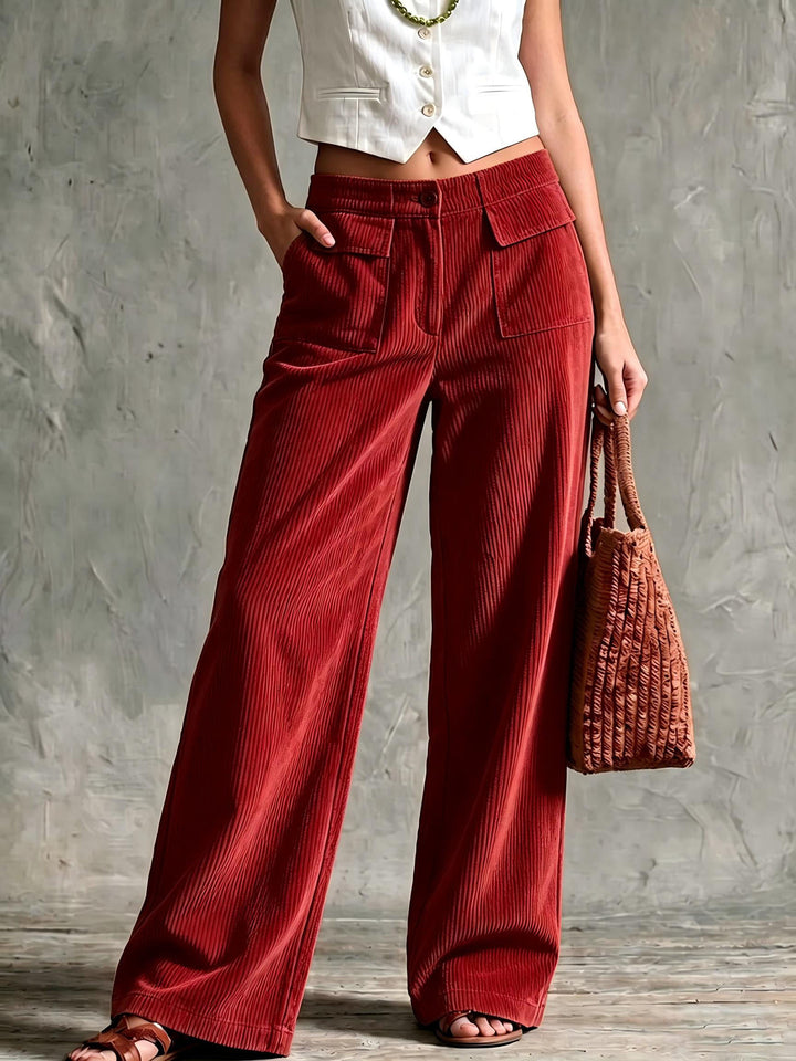 Damen Weite Cord-Palazzohose mit hoher Taille und aufgesetzten Pattentaschen Drune