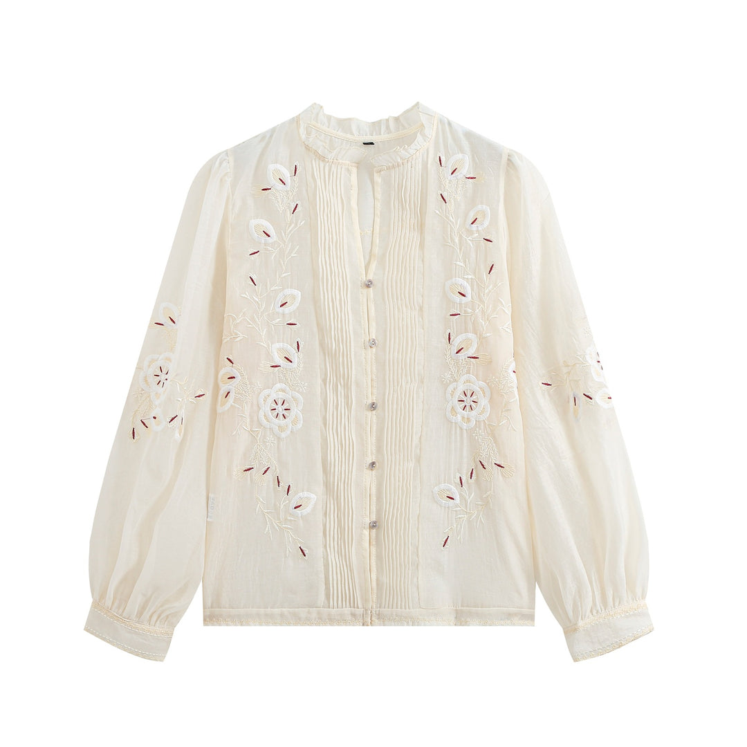 Damen Gestickte Vintage‑Bluse mit Biesen, Stehkragen und Ballonärmeln Drune