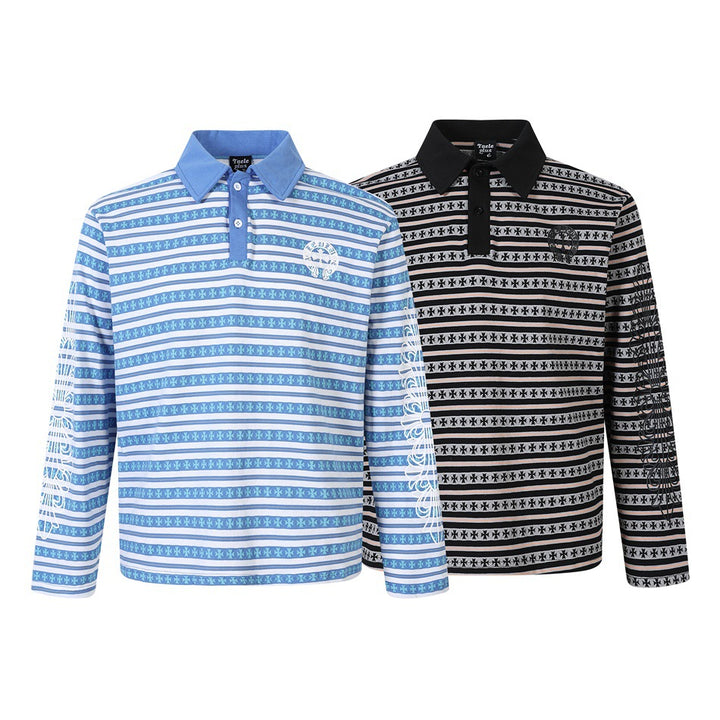 Unisex Langarm-Poloshirt mit Jacquard-Streifenmuster, Rippkragen und Logostick Drune