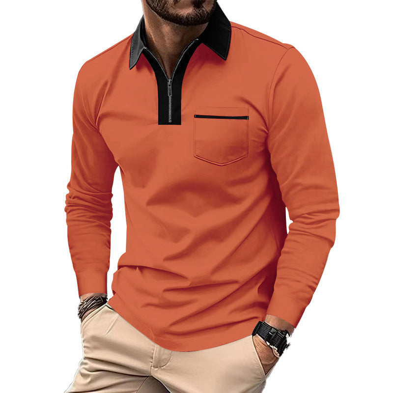 Herren nan elegantes Langarm-Poloshirt mit markantem Stehkragen Metall-Kurzreißverschluss und Brustleistentasche Drune