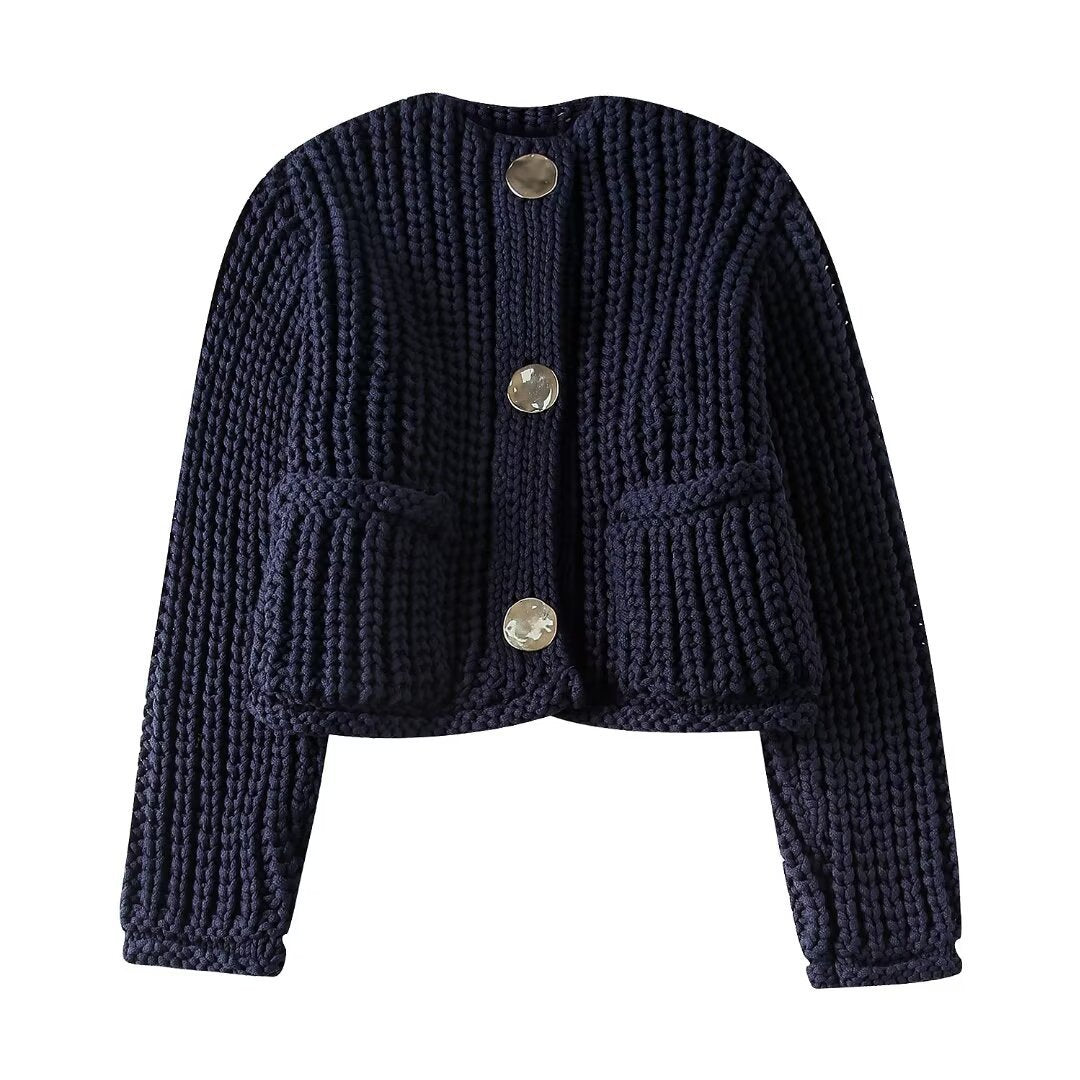 Damen Kurzcardigan im Rippen-Grobstrick mit aufgesetzten Taschen und Statementknöpfen Drune