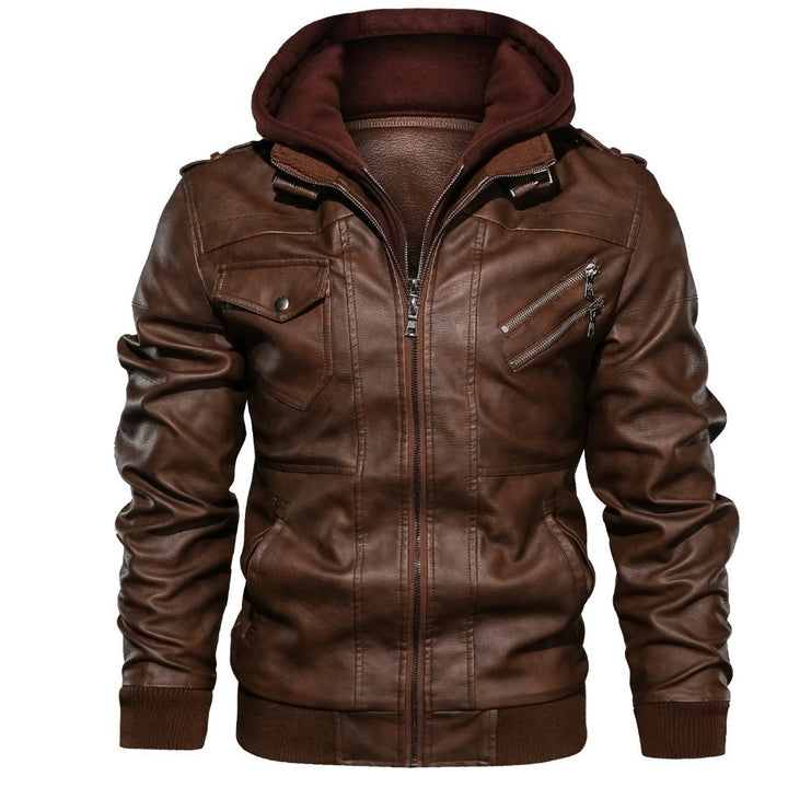 Herren Stylische Kunstlederjacke mit Hoodie Drune