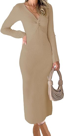 Damen elegantes Strickkleid mit tiefem V-Ausschnitt und figurschmeichelnder Rippstruktur Drune