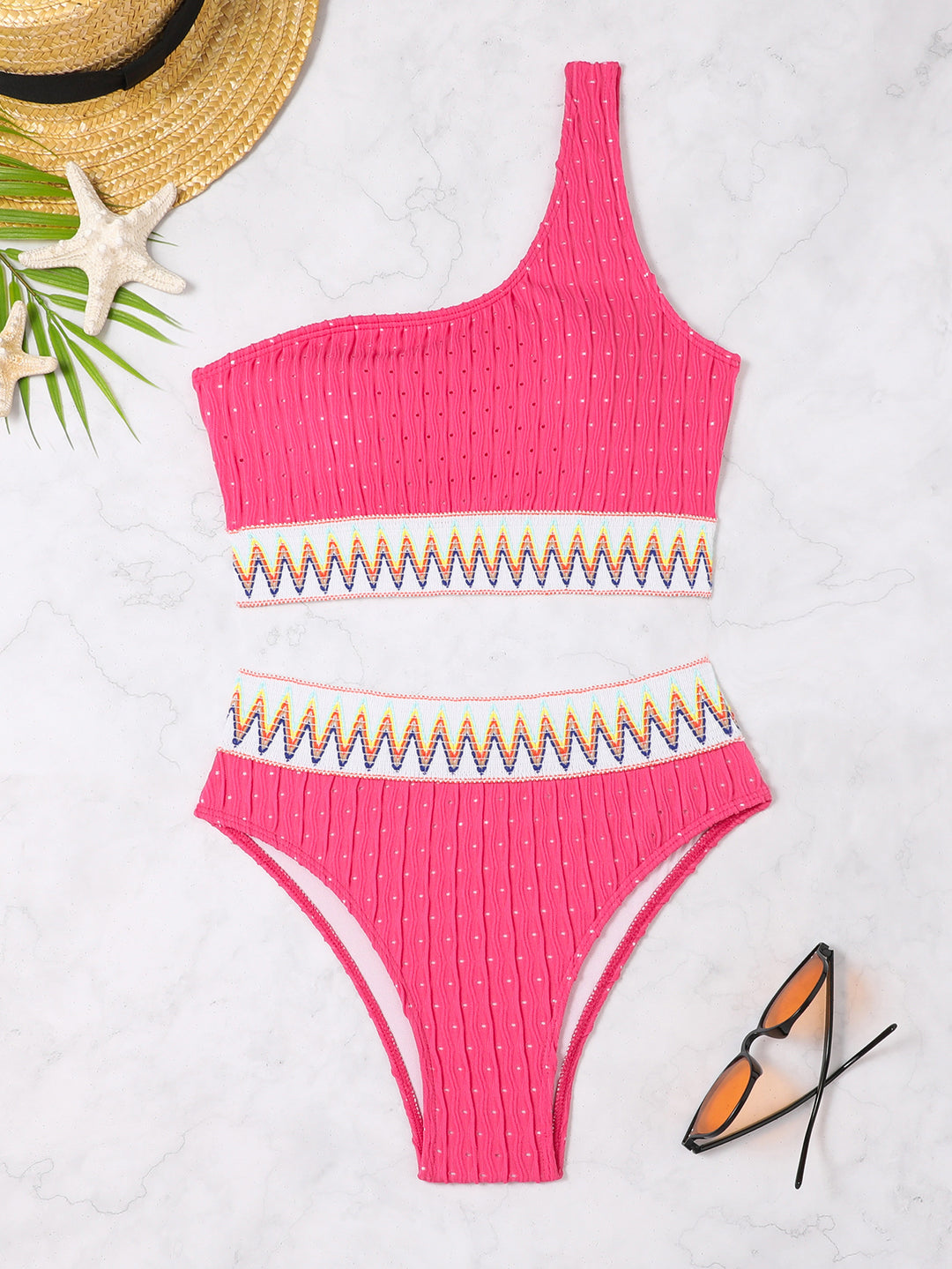Damen Einseitiger Crop-Bikini mit buntem Jacquardband Drune