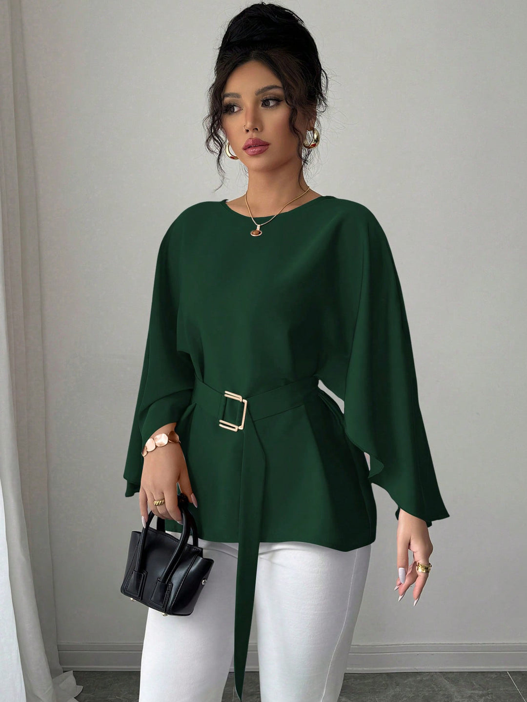 Damen Elegante Chiffon-Tunika mit Cape-Ärmeln und Taillengürtel Drune