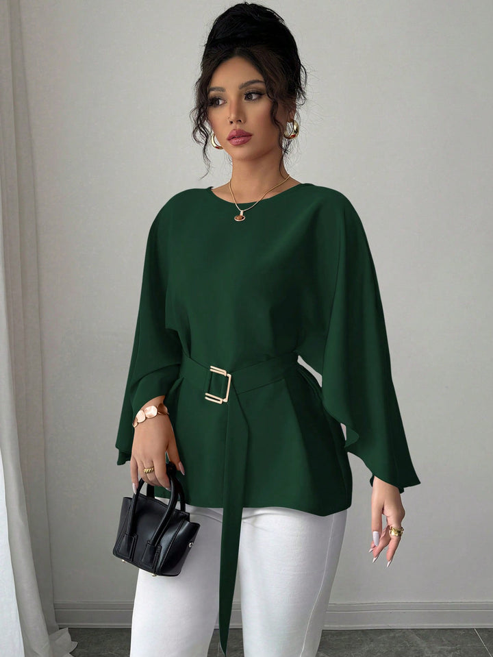 Damen Elegante Chiffon-Tunika mit Cape-Ärmeln und Taillengürtel Drune
