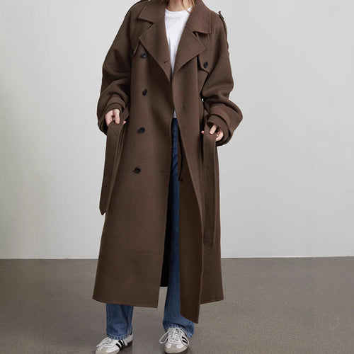 Damen Oversize Wollmantel mit breitem Reverskragen und Taillengürtel Drune